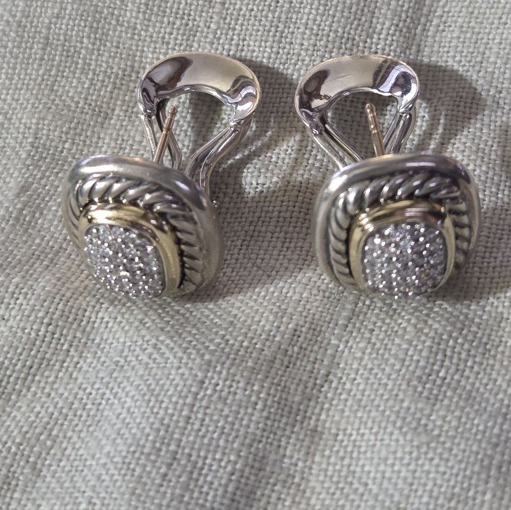David Yurman Pave Diamond Albion Earrings, SS & 14k, Omega Backs - Picture 12 of 13